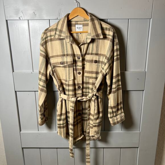 OAT Jackets & Blazers - OAT Brown, Cream and Green Tie Waist Shacket Size L